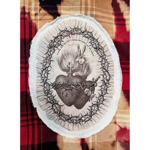 Upcycled Sacred Heart Flannel Jacket Fleece Lined Folk Art Small